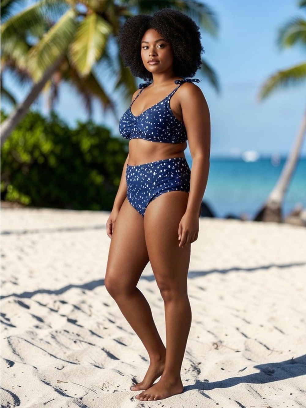 Kona Sol - Plus size - High-Waist Navy polka dot Print Bikini Set